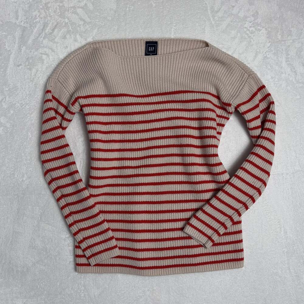 GAP Shaker Stitch Wool Knit Boatneck Sweater Women’s XS Cream Red Stripe Preppy
